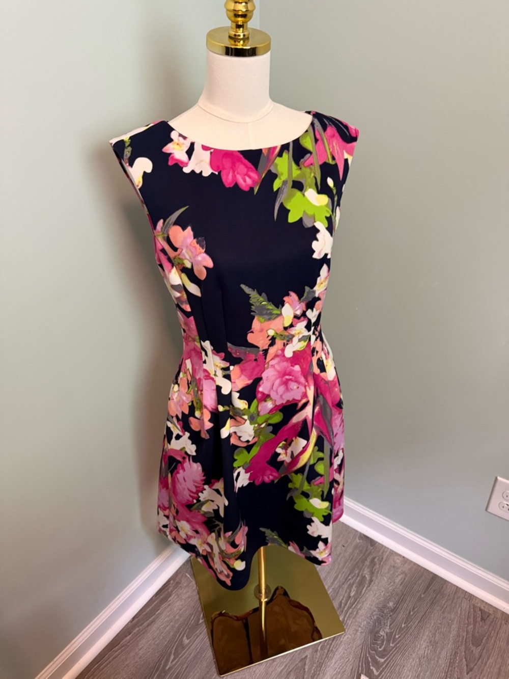 Vince Camuto Floral Scuba Sheath Dress - Size 10 - Navy & Pink